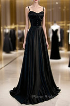 Black Satin Straps Long Party Dresses, Black Sweetheart Long Evening Dresses Formal Prom Dresses