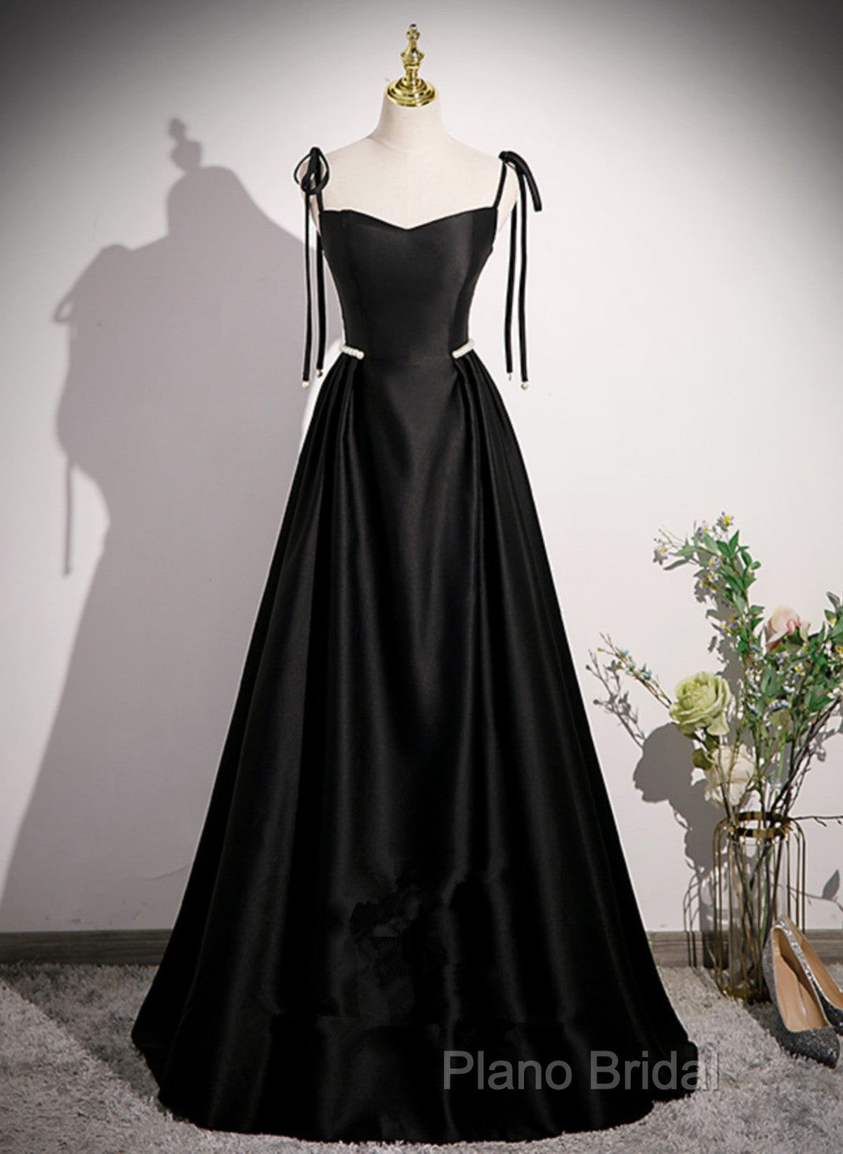 Black Satin Sweetheart Long Formal Prom Dresses With Bow, Black Long Formal Dresses Secondary image