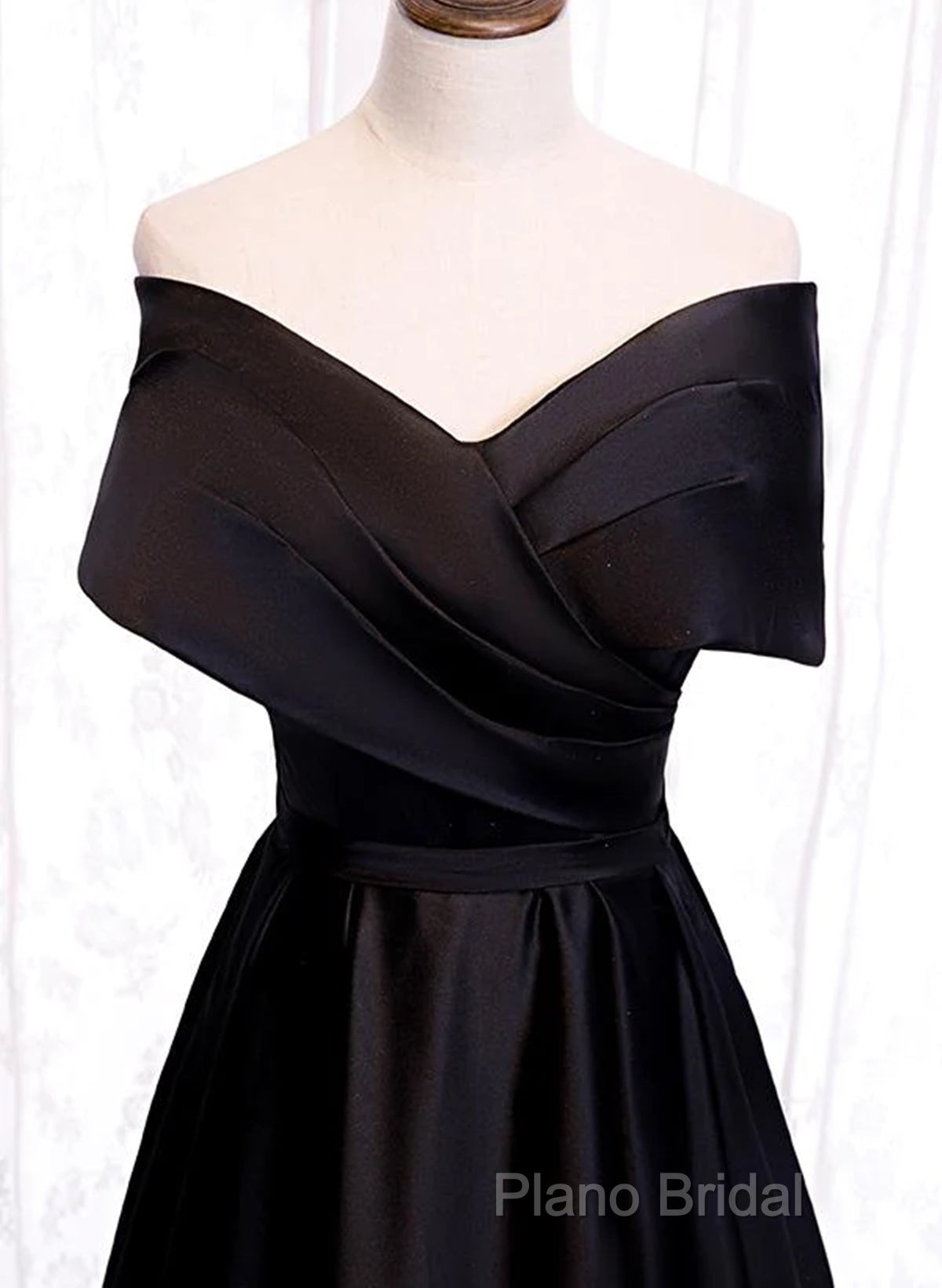 Black Satin Sweetheart Off Shoulder Party Dresses, Black A-Line Long Formal Dresses Secondary image