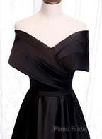 Black Satin Sweetheart Off Shoulder Party Dresses, Black A-Line Long Formal Dresses