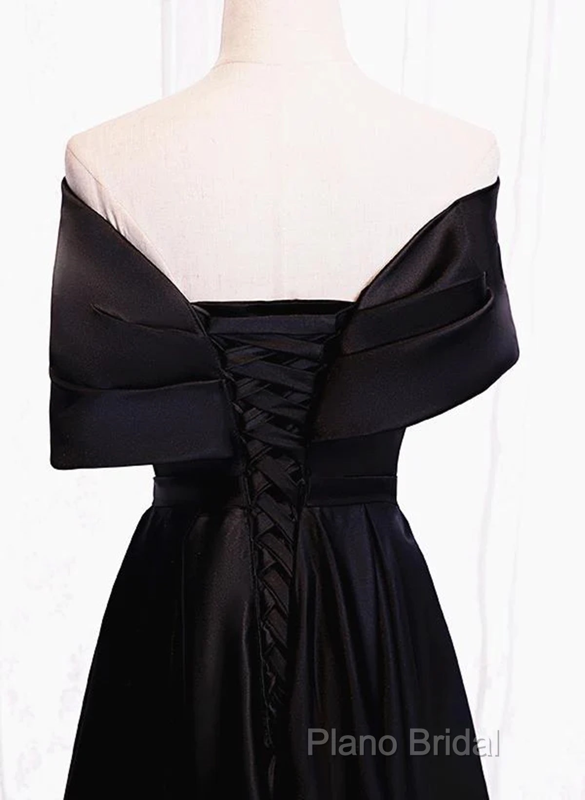 Black Satin Sweetheart Off Shoulder Party Dresses, Black A-Line Long Formal Dresses
