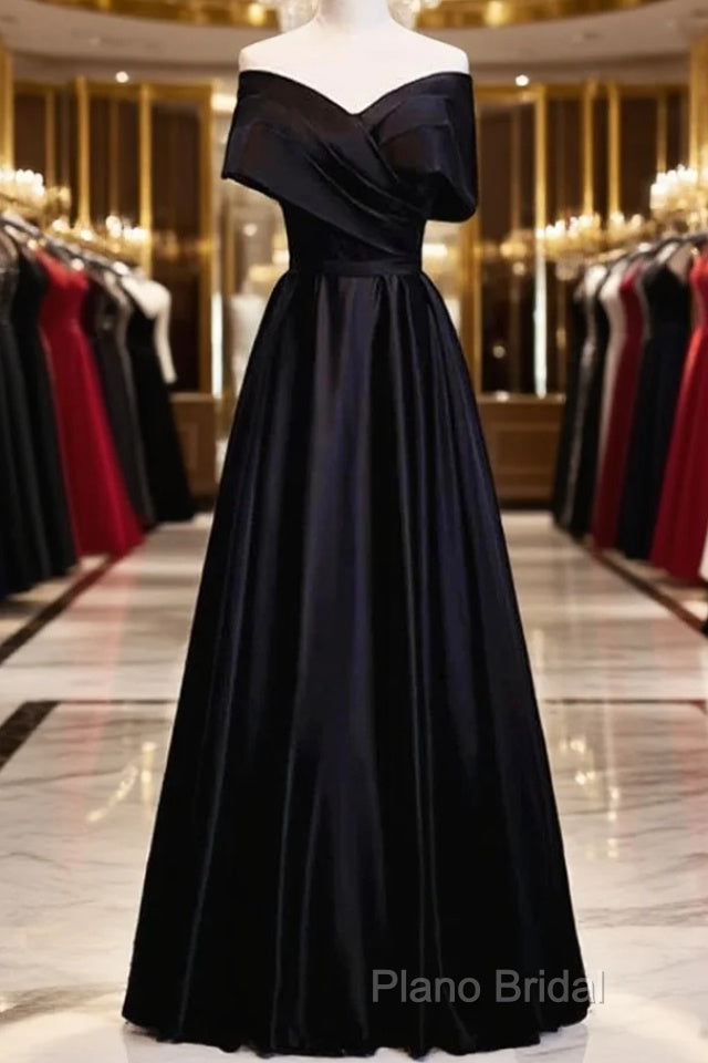 Black Satin Sweetheart Off Shoulder Party Dresses, Black A-Line Long Formal Dresses Main image