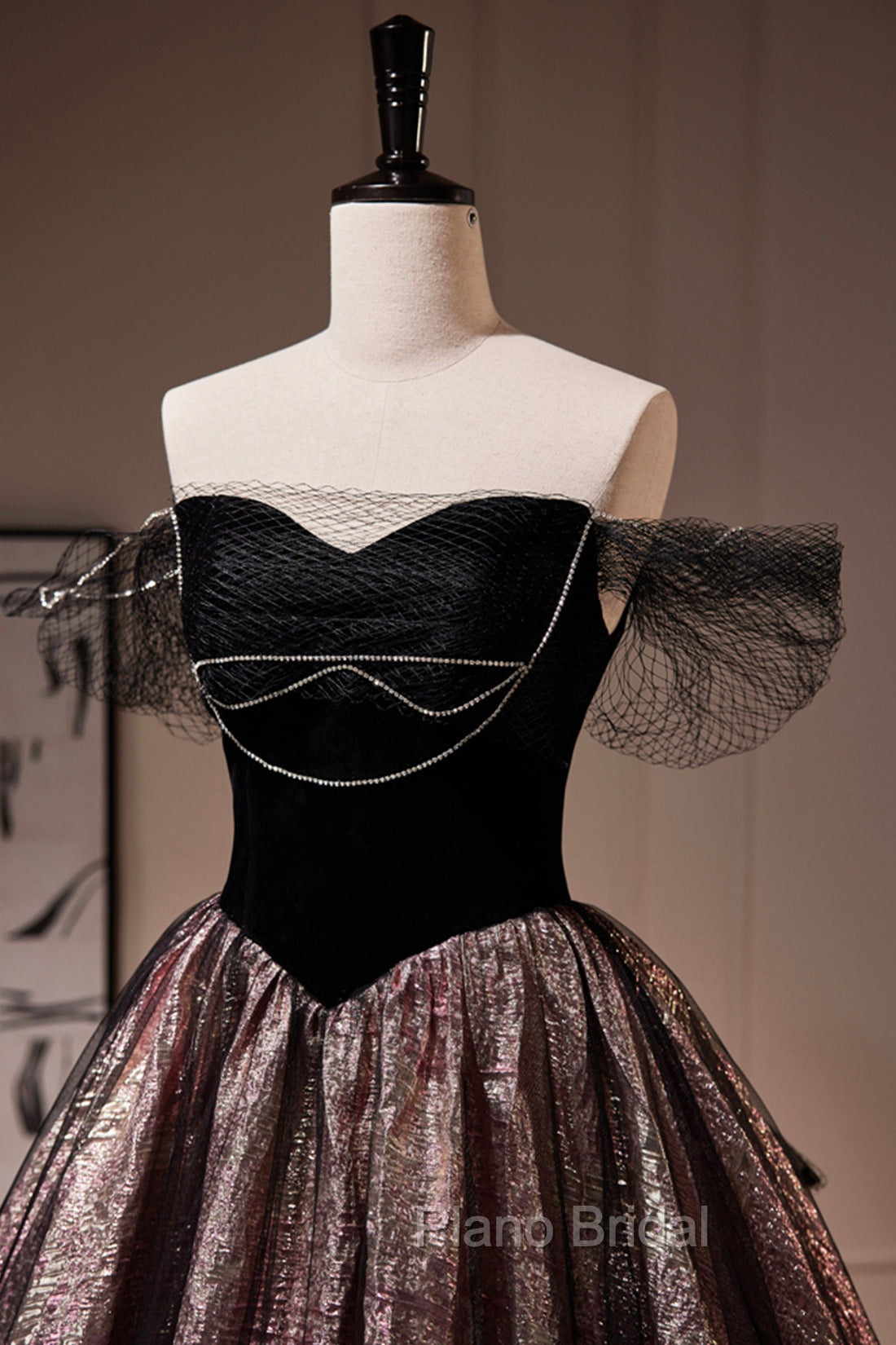 Black Satin Tulle Long Formal Prom Dresses, A-Line Off Shoulder Evening Dresses Formal Dresses Secondary image
