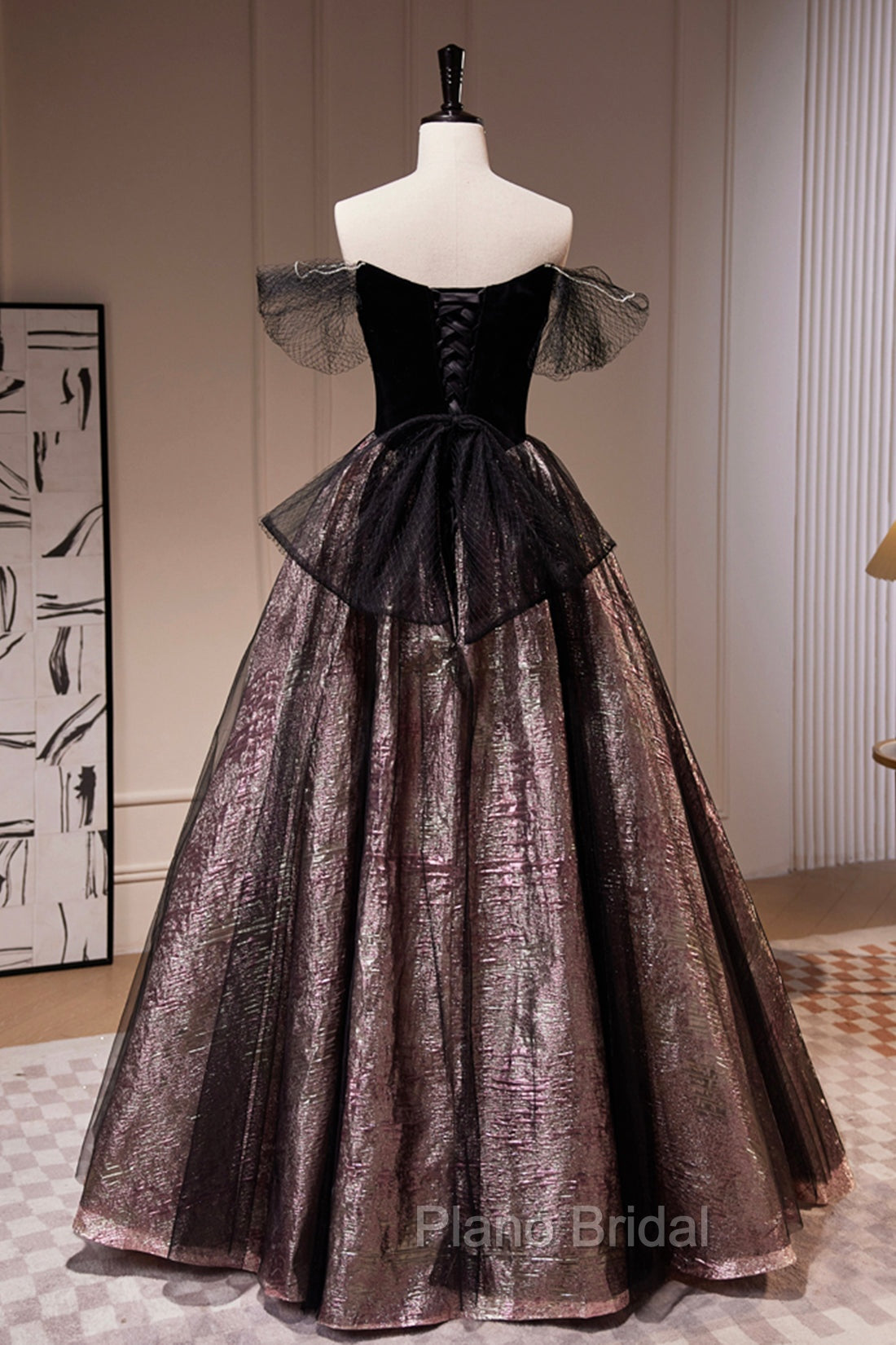 Black Satin Tulle Long Formal Prom Dresses, A-Line Off Shoulder Evening Dresses Formal Dresses