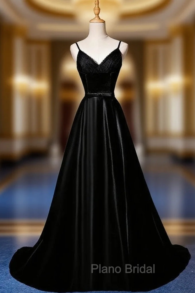 Black Satin Tulle Spaghetti Straps Formal Prom Dresses