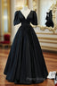 Black Satin V-neck Backless Puff Sleeve Formal Prom Dresses
