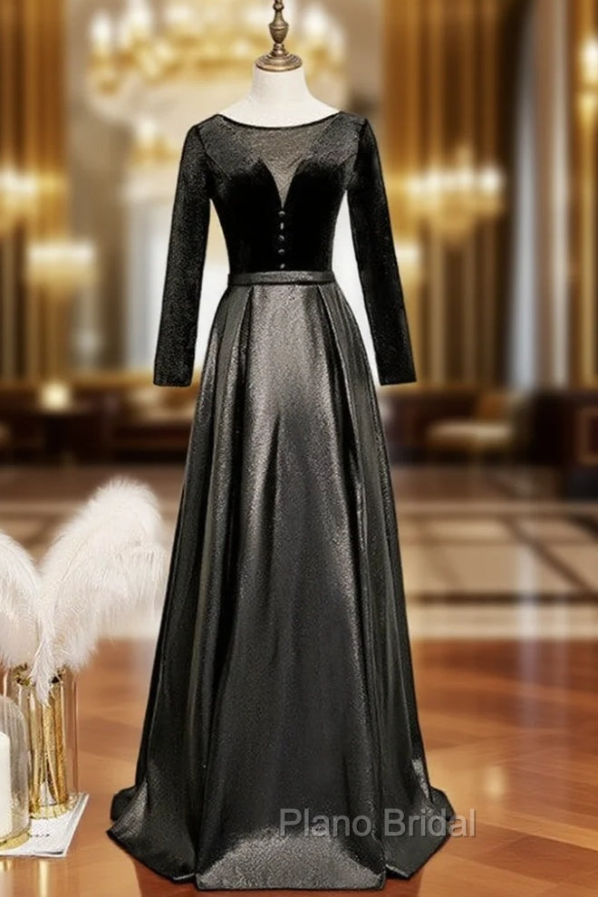 Black Satin Velvet Long Sleeve Button Formal Prom Dresses