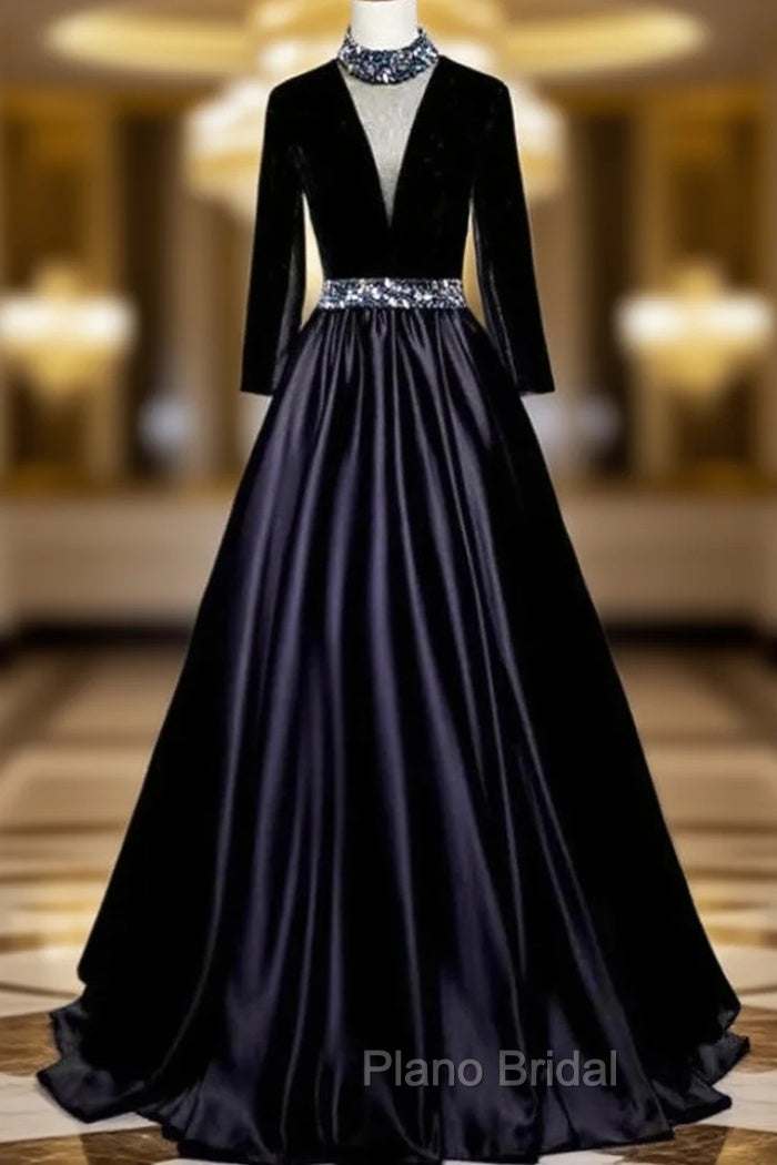 Black Satin Velvet Long Sleeve Crystal Formal Prom Dresses