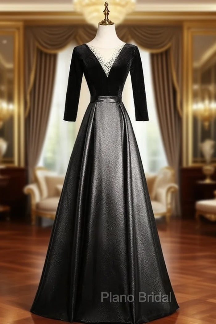 Black Satin Velvet Long Sleeve Formal Prom Dresses Main image
