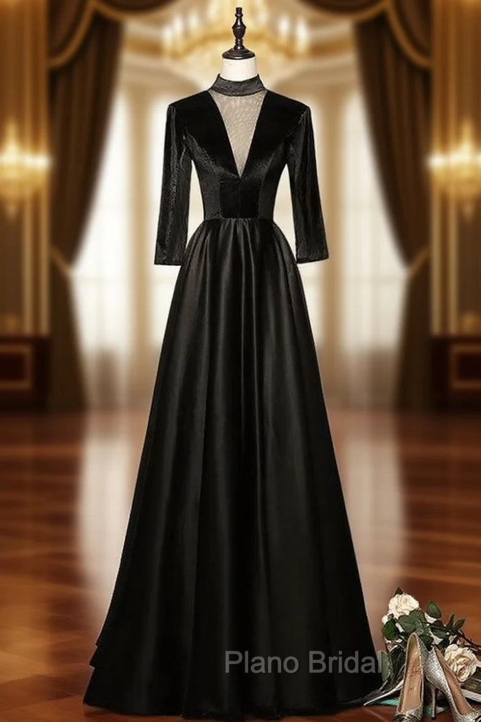 Black Satin Velvet Short Sleeve Formal Prom Dresses Main image