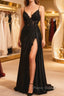 Black Satin With Lace V-Neckline With Leg Slit Formal Prom Dresses, Black Formal Prom Dresses