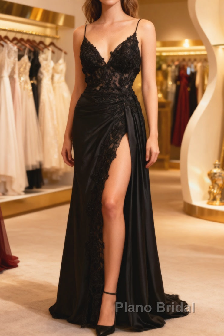 Black Satin With Lace V-Neckline With Leg Slit Formal Prom Dresses, Black Formal Prom Dresses Main image