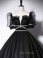 Black Scoop Neckline Long Formal Prom Dresses, Shiny Tulle Black Evening Dresses
