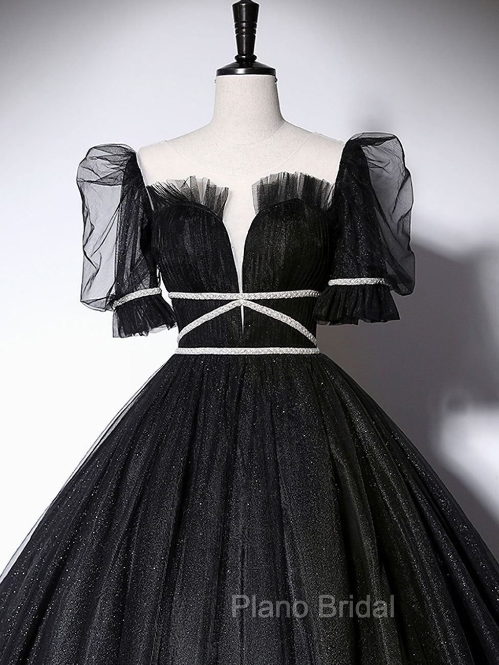 Black Scoop Neckline Long Formal Prom Dresses, Shiny Tulle Black Evening Dresses Secondary image