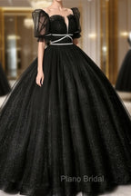 Black Scoop Neckline Long Formal Prom Dresses, Shiny Tulle Black Evening Dresses