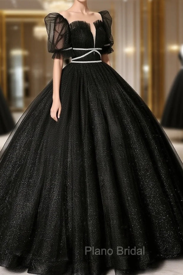 Black Scoop Neckline Long Formal Prom Dresses, Shiny Tulle Black Evening Dresses
