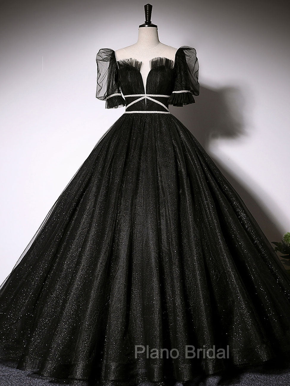 Black Scoop Neckline Long Formal Prom Dresses, Shiny Tulle Black Evening Dresses Main image