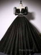 Black Scoop Neckline Long Formal Prom Dresses, Shiny Tulle Black Evening Dresses