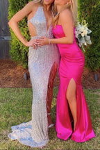 Black Sequin Fringe Halter Long Formal Prom Dresses With Slit