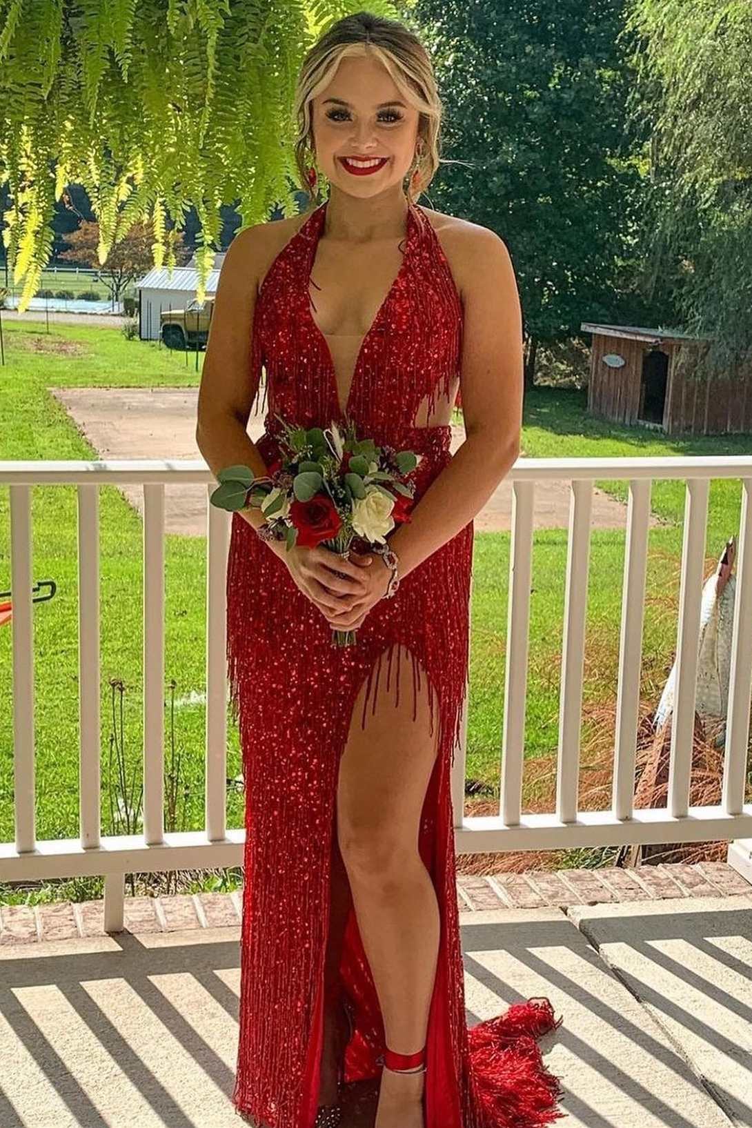 Black Sequin Fringe Halter Long Formal Prom Dresses With Slit Secondary image
