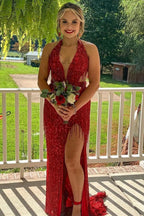 Black Sequin Fringe Halter Long Formal Prom Dresses With Slit
