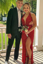 Black Sequin Fringe Halter Long Formal Prom Dresses With Slit