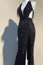 Black Sequin Fringe Halter Long Formal Prom Dresses With Slit