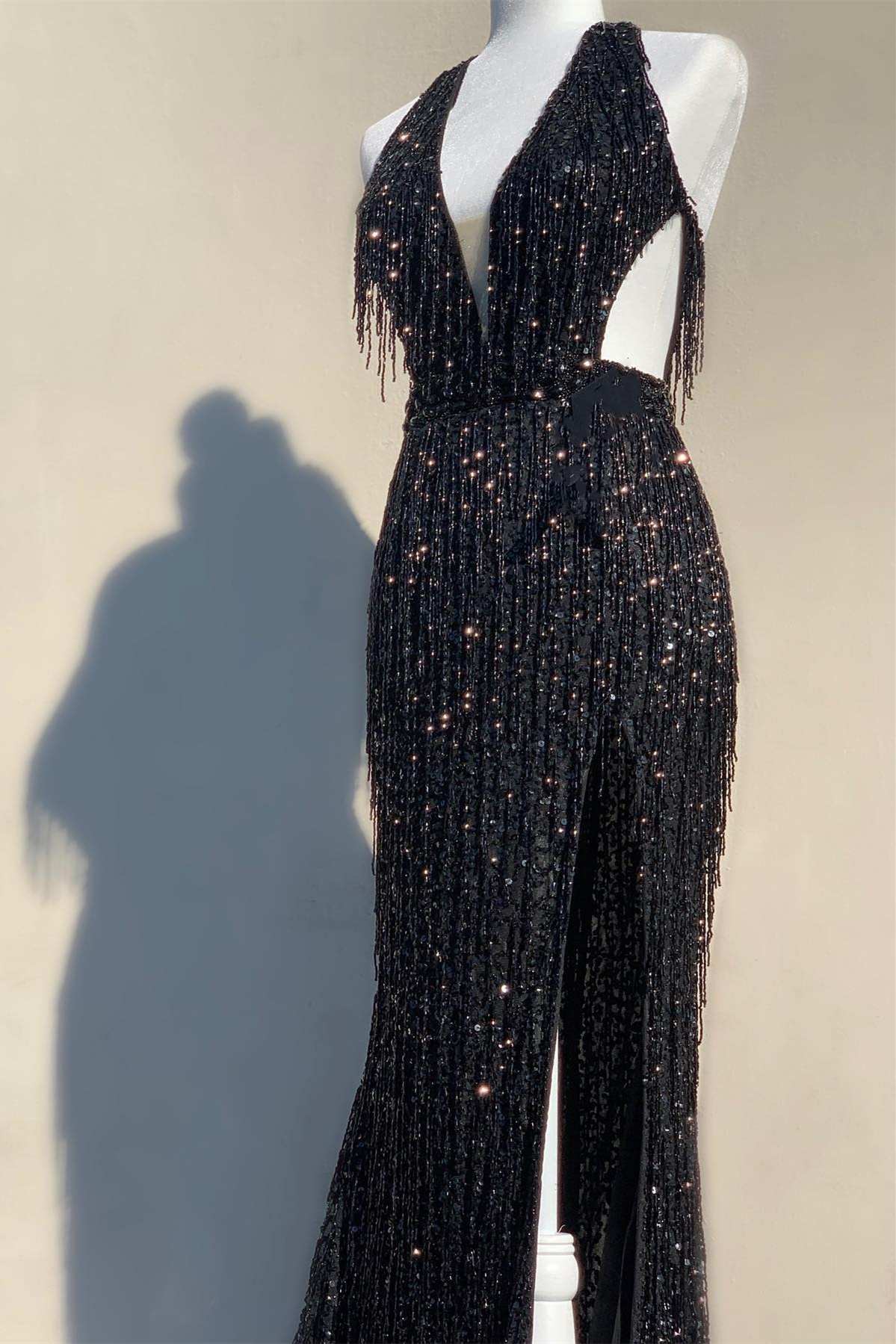Black Sequin Fringe Halter Long Formal Prom Dresses With Slit