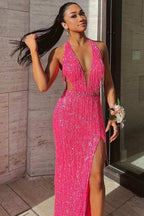 Black Sequin Fringe Halter Long Formal Prom Dresses With Slit