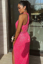 Black Sequin Fringe Halter Long Formal Prom Dresses With Slit