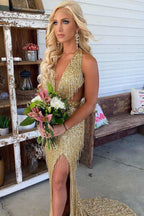 Black Sequin Fringe Halter Long Formal Prom Dresses With Slit