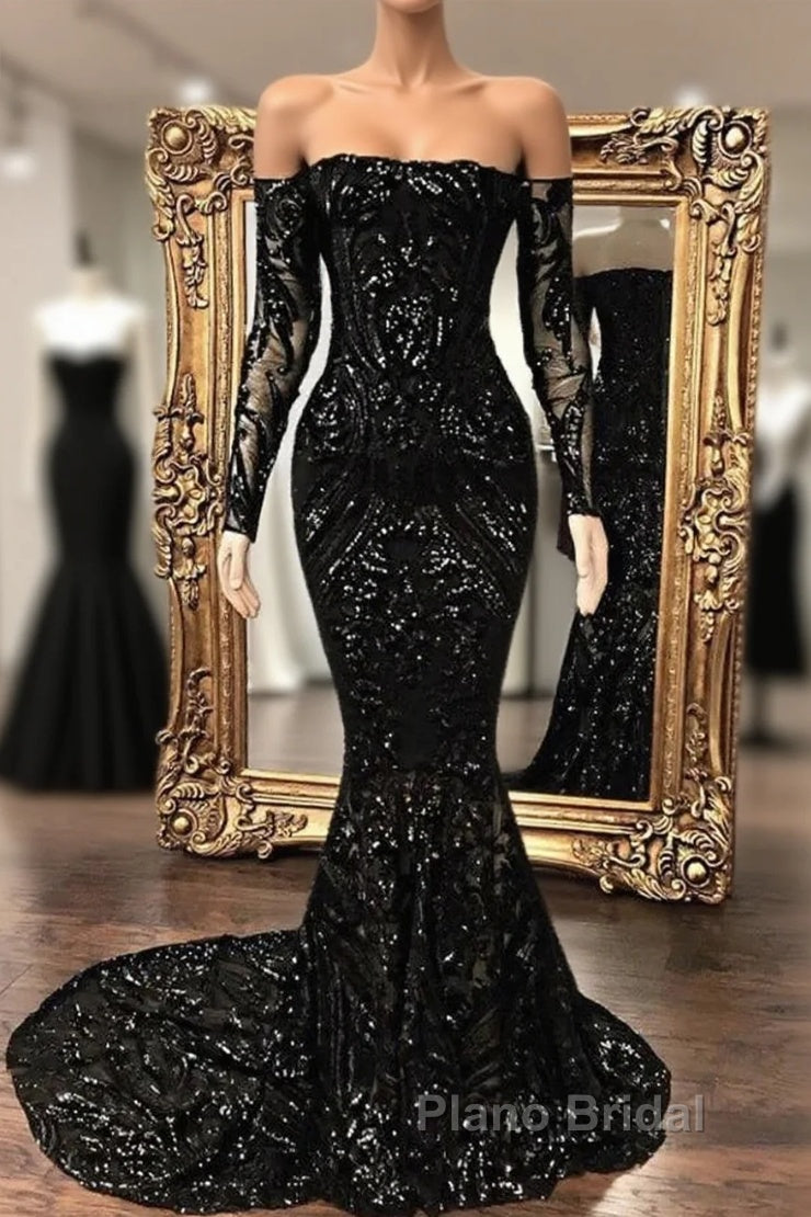 Black Sequin Long Sleeve Mermaid Formal Prom Dresses Main image