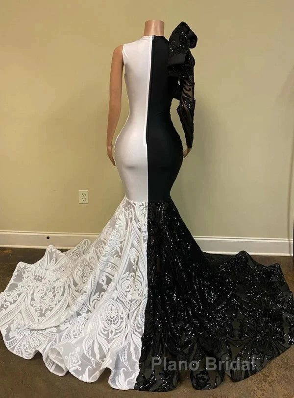 Black Sequin Trumpet Mermaid Long Sleeve Formal Prom Dresses