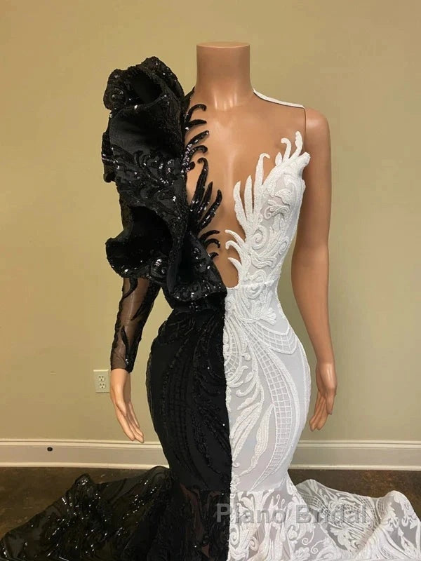 Black Sequin Trumpet Mermaid Long Sleeve Formal Prom Dresses