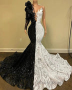 Black Sequin Trumpet Mermaid Long Sleeve Formal Prom Dresses