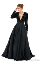 Sequined Satin A Line Front Slit V Neck Full Sleeve Sweep Train Long Prom Dresses