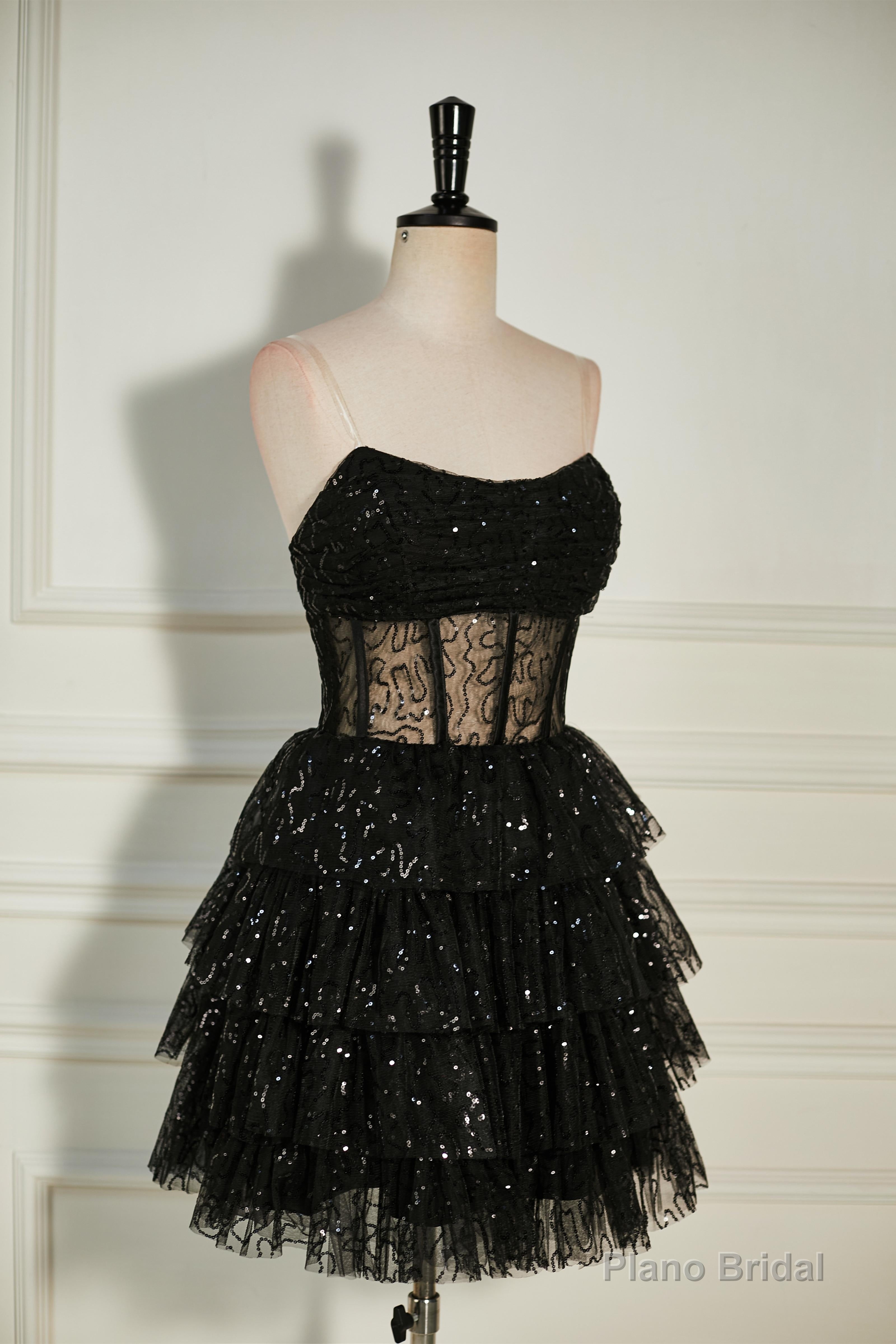 Black Sequined Strapless Multi-Layers Tulle Cocktail Dress