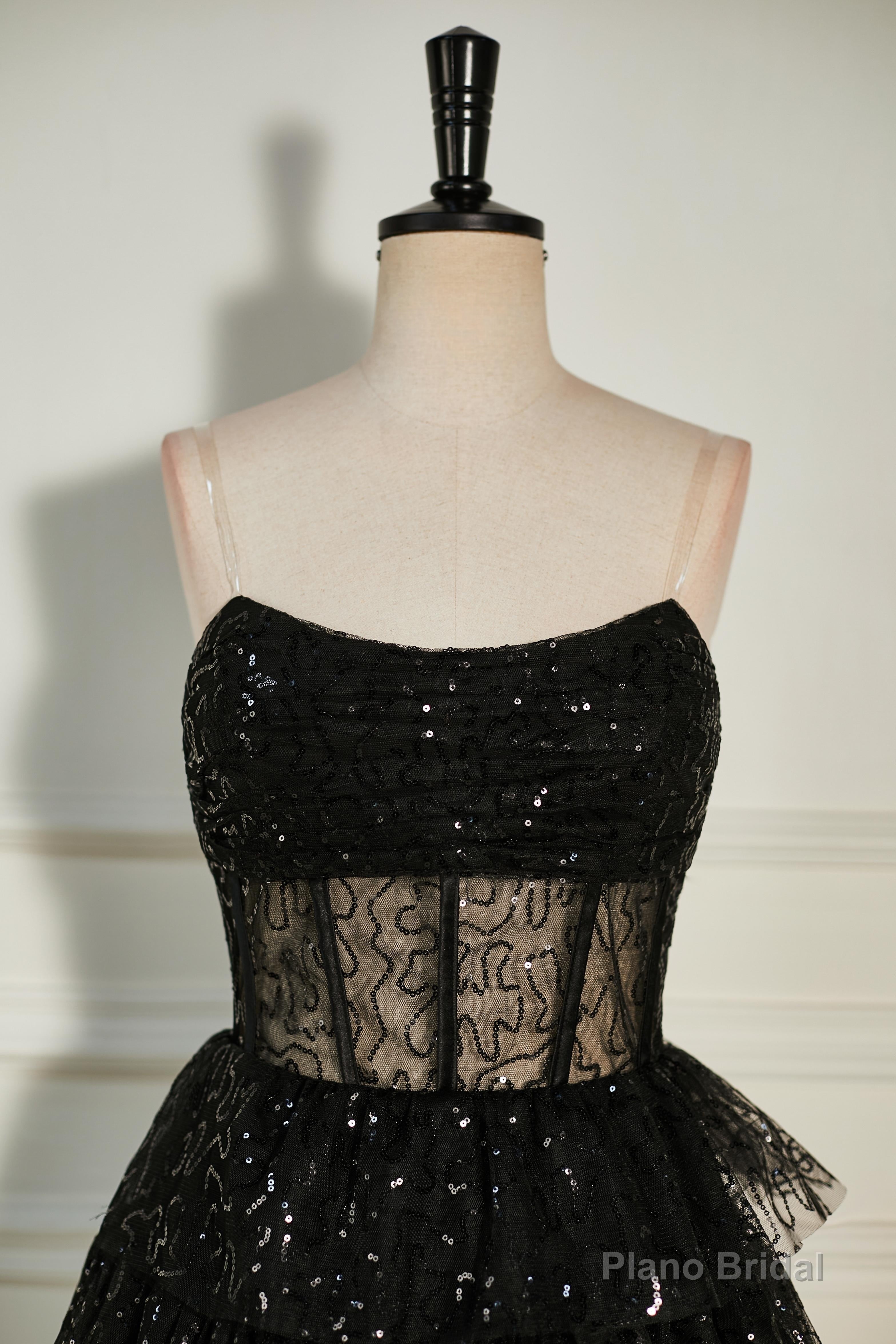 Black Sequined Strapless Multi-Layers Tulle Cocktail Dress