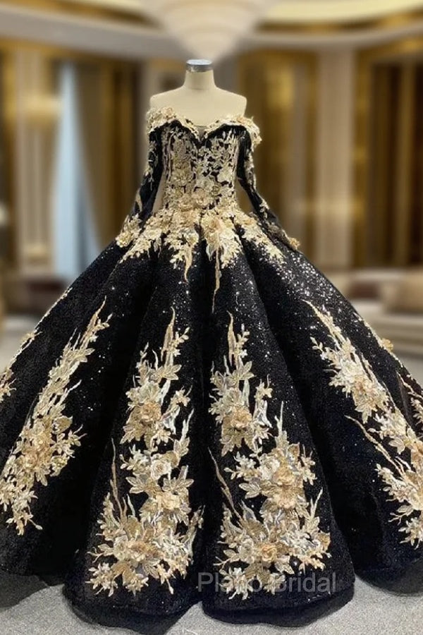 Black Sequins Long Sleeve Appliques Formal Prom Dresses