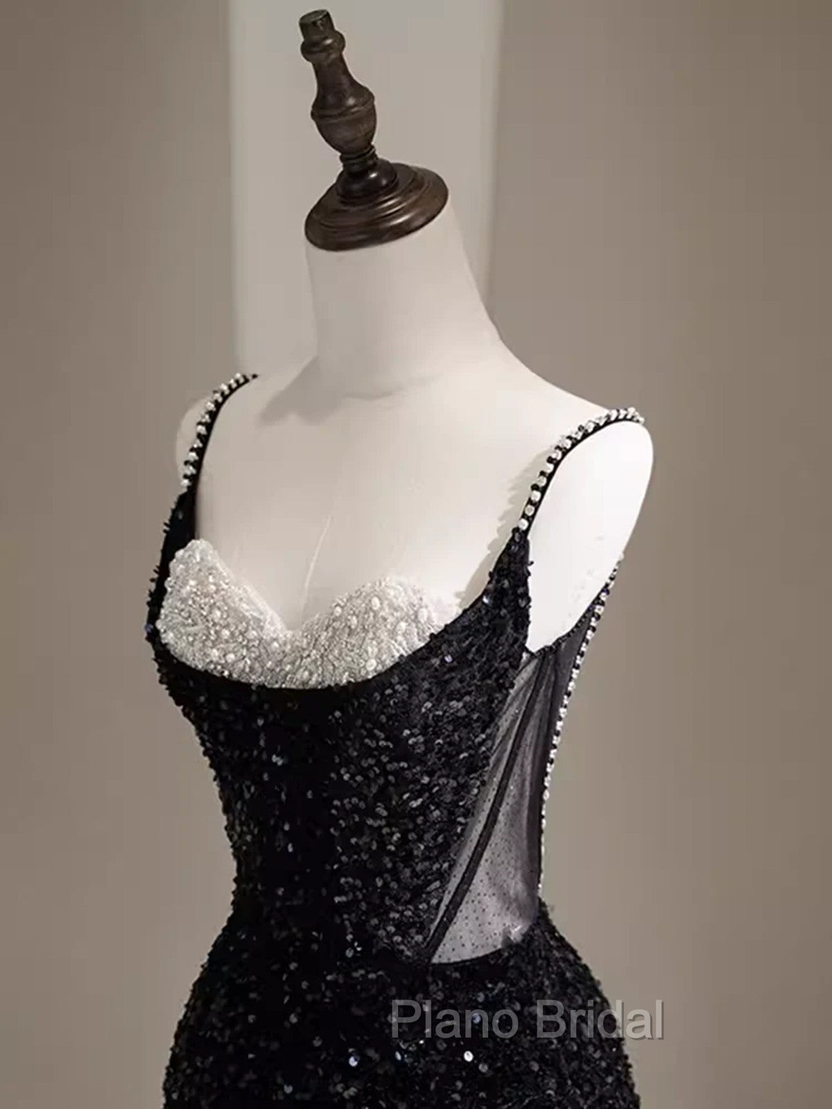 Black Sequins Mermaid Straps Beaded Formal Prom Dresses, Black Sequins Party Dresses