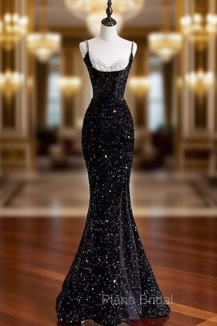 Black Sequins Mermaid Straps Beaded Formal Prom Dresses, Black Sequins Party Dresses Main image
