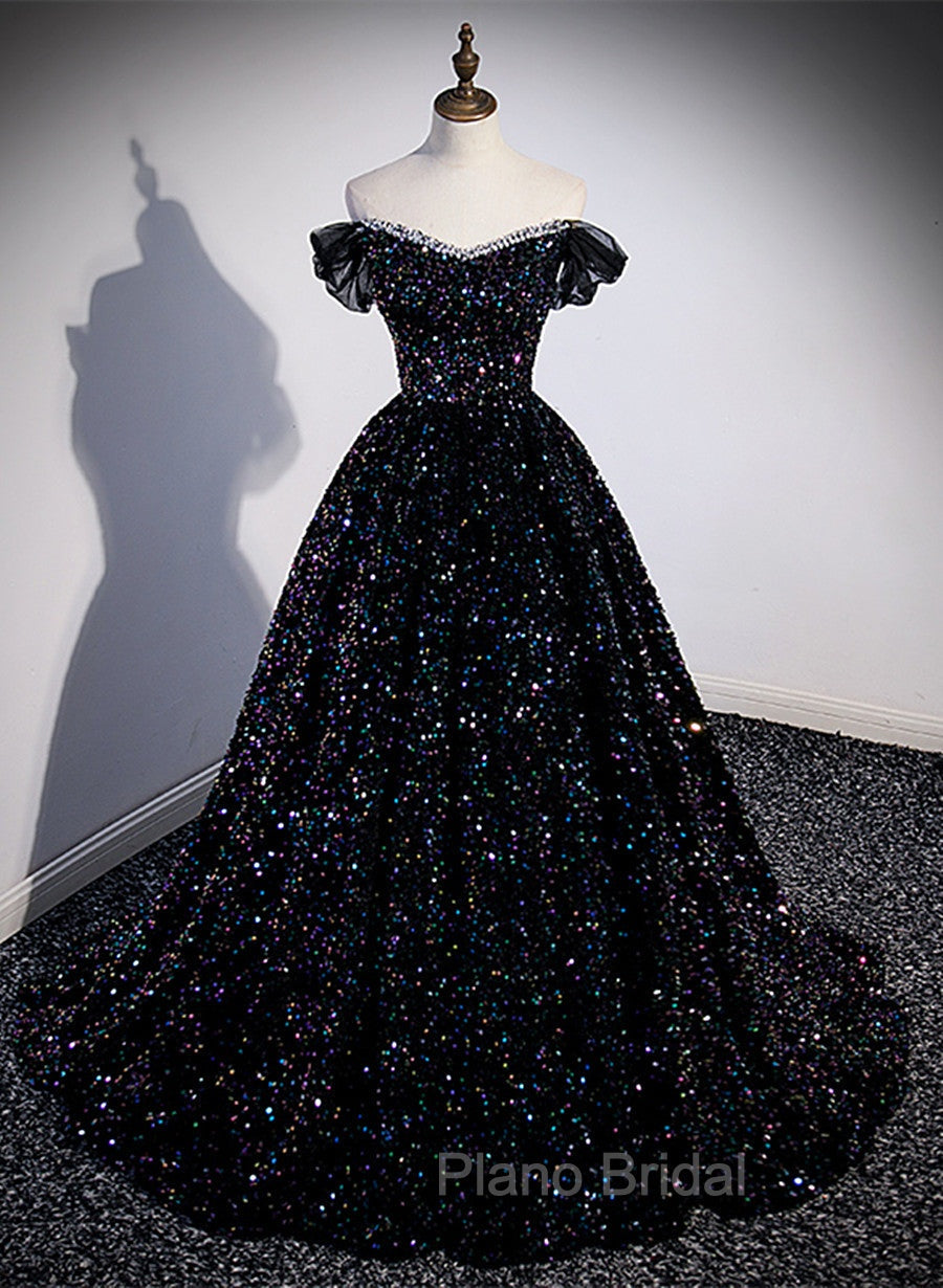 Black Sequins Off Shoulder Beaded Party Dresses, A-line Black Formal Dresses Main image