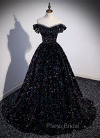 Black Sequins Off Shoulder Beaded Party Dresses, A-line Black Formal Dresses