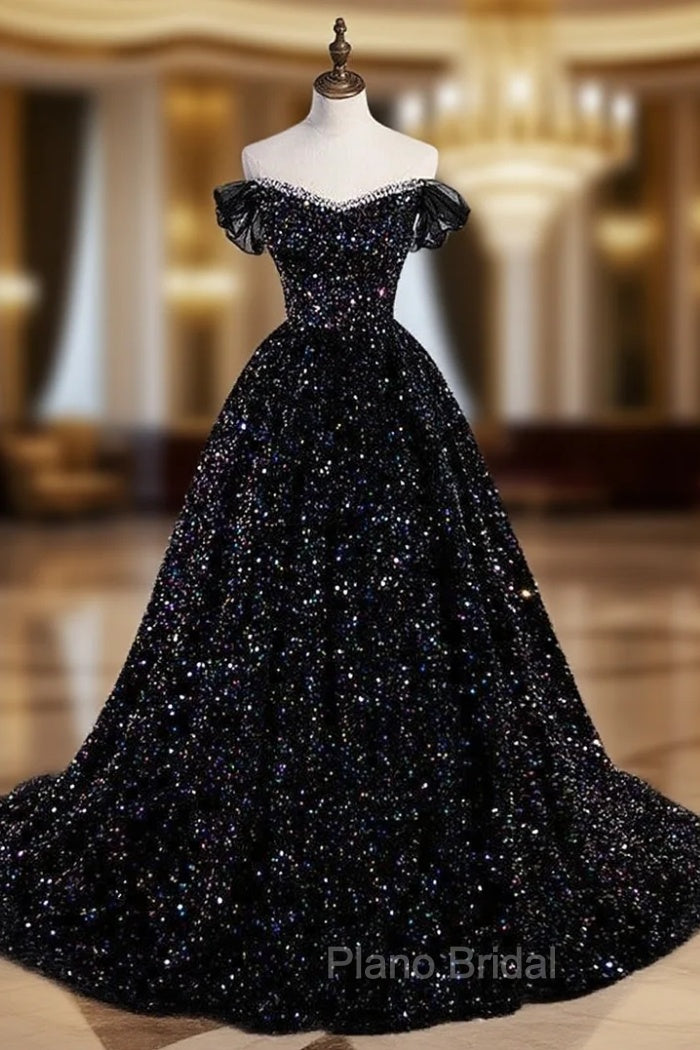 Black Sequins Off the Shoulder Formal Prom Dresses Main image