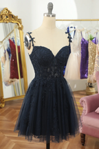 Navy Blue Spaghetti Straps Short Homecoming Dresses With Appliques