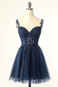 Navy Blue Spaghetti Straps Short Homecoming Dresses With Appliques