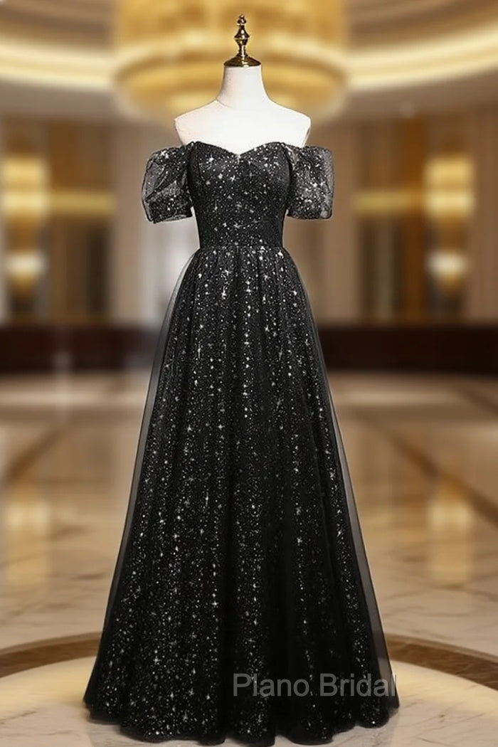 Black Sequins Tulle Puff Sleeve Formal Prom Dresses Main image