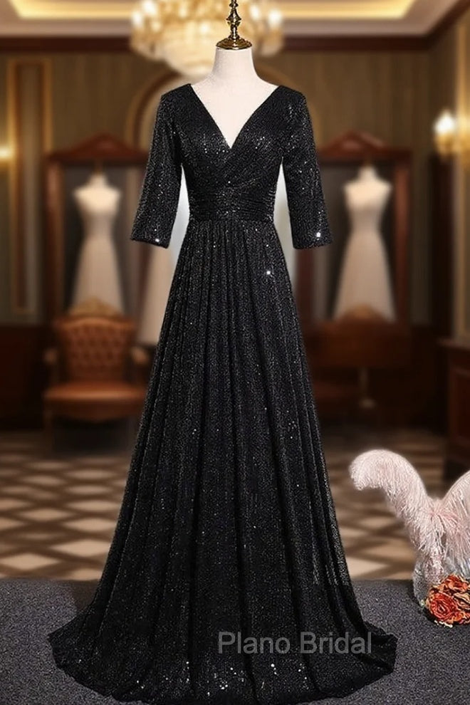 Black Sequins V-neck Short Sleeve Formal Prom Dresses