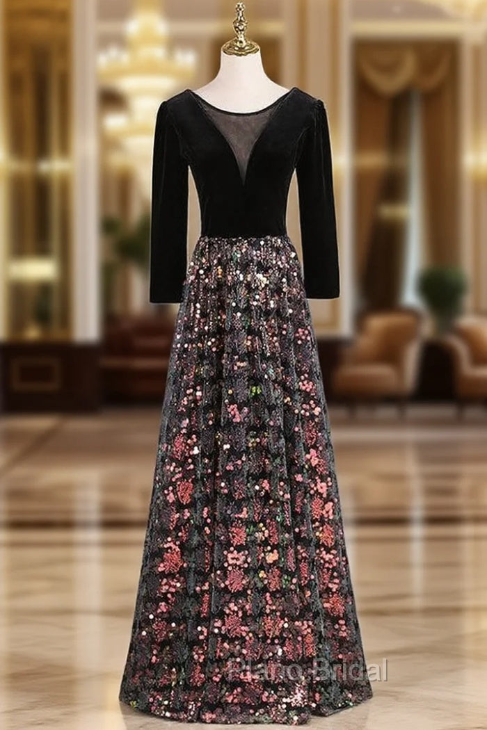 Black Sequins Velvet Long Sleeve Formal Prom Dresses