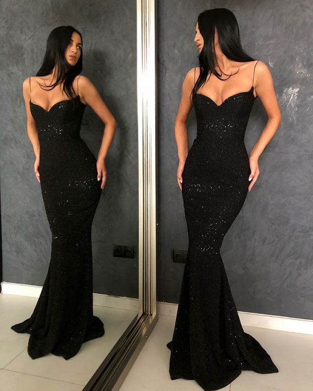 Black Sheath Open Back Spaghetti Straps Equins Formal Prom Dresses
